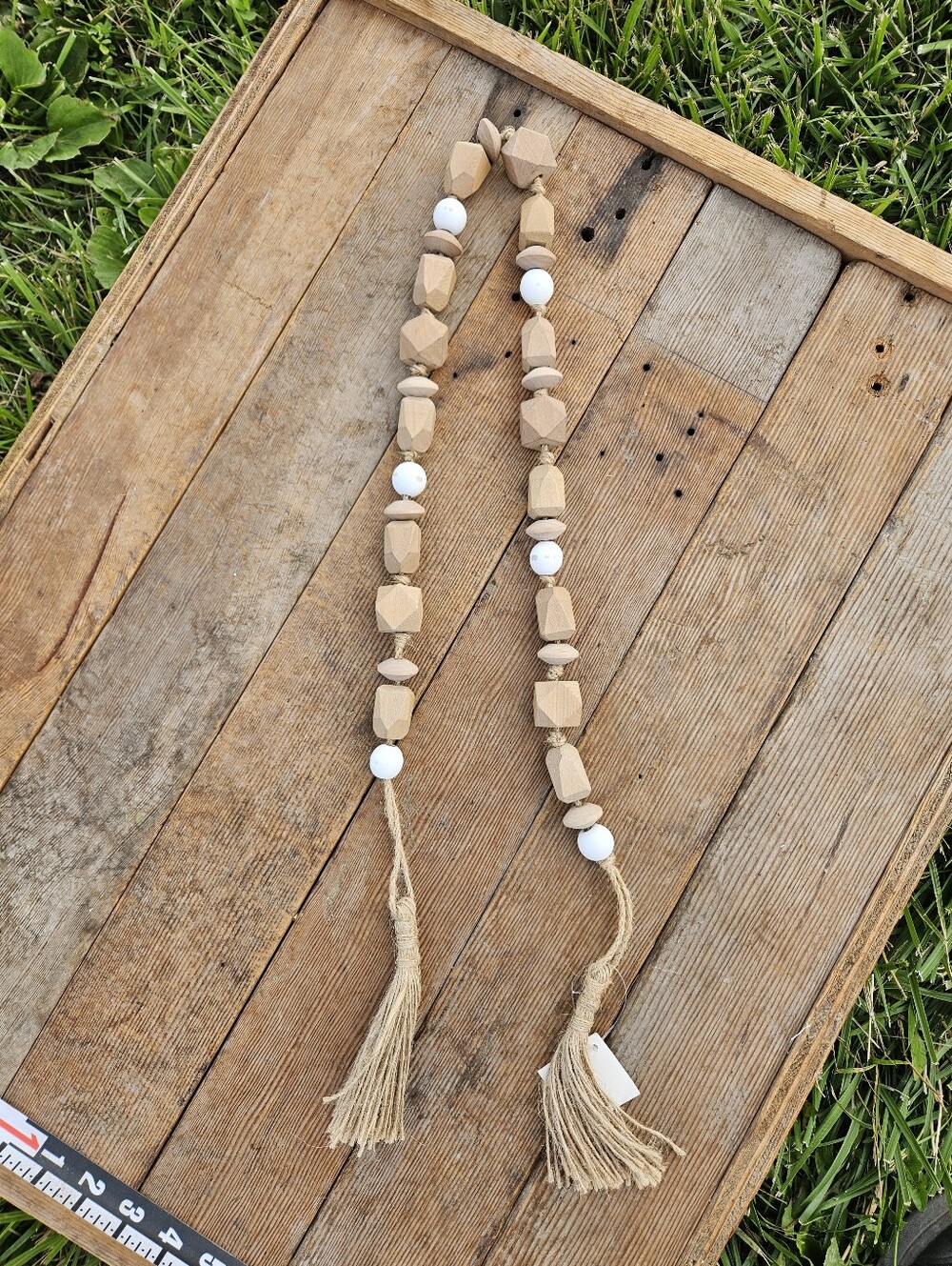 Boho Wood Bead Garland with Tassels Natural Geometric Shapes Farmhouse Decor